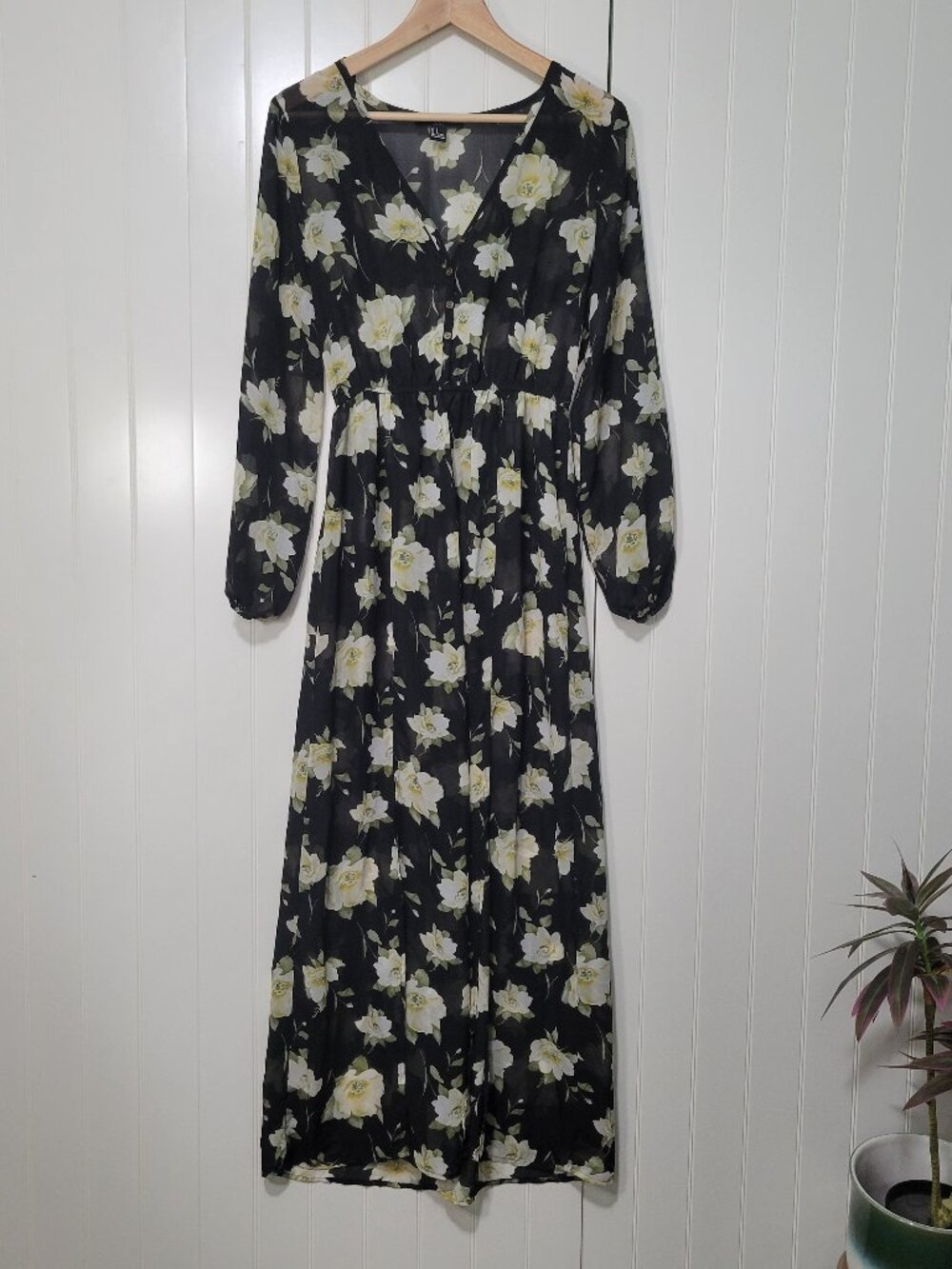 Sheer Black Chiffon Floral Boho Romantic Whimsigoth Practical Magic Maxi Overlay